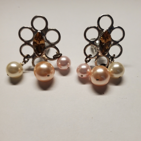 Vintage Philippe Ferrandis Topaz Triple Color Pearls Earrings Silvertone Clips.